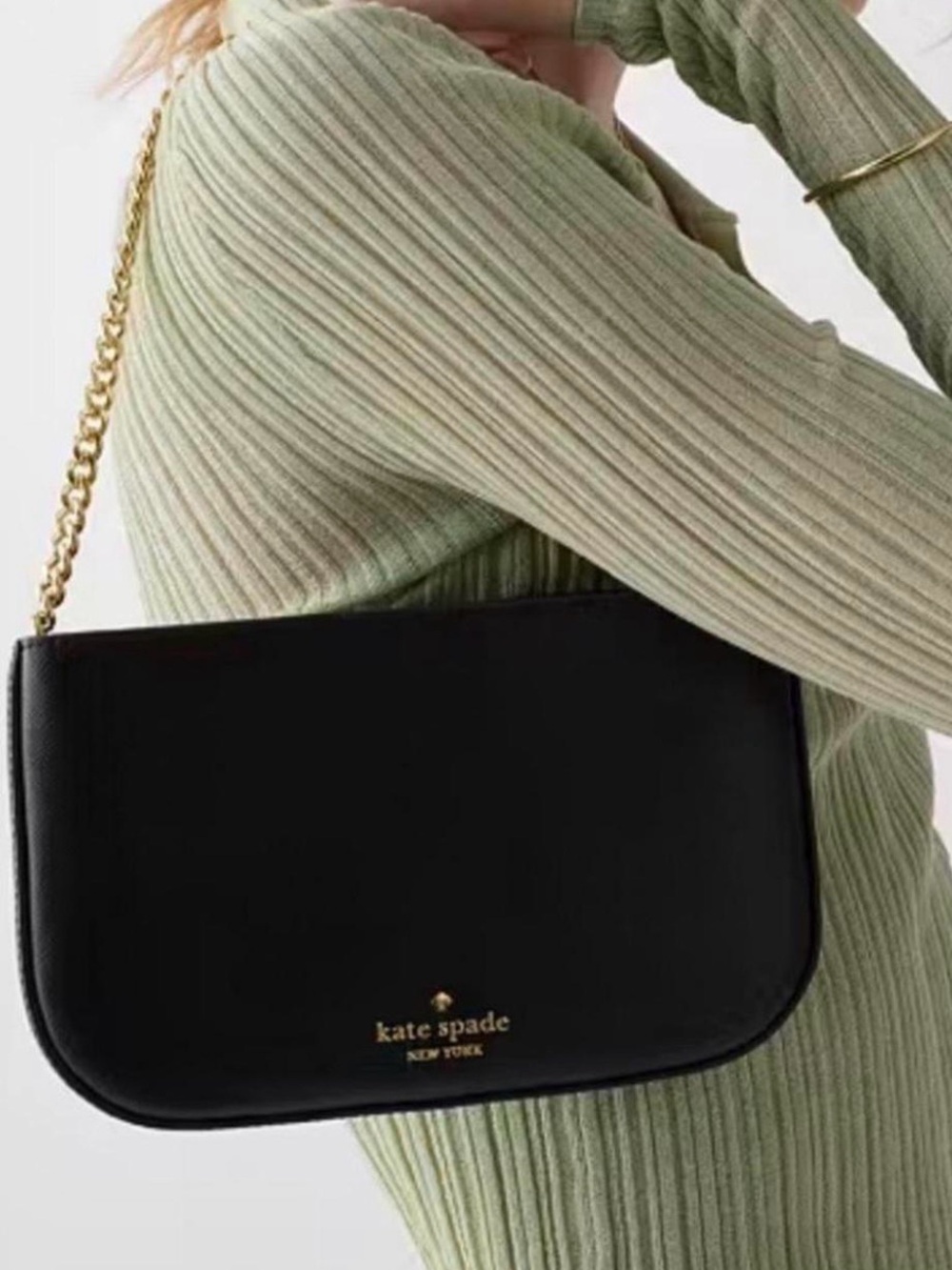 kate spade Black Leather Shoulder Bag with Gold Chain